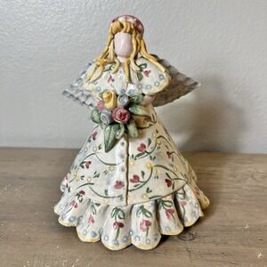 Vintage Handmade Ceramic Angel Figurine Signed Folk Art Floral Cottagecore *READ